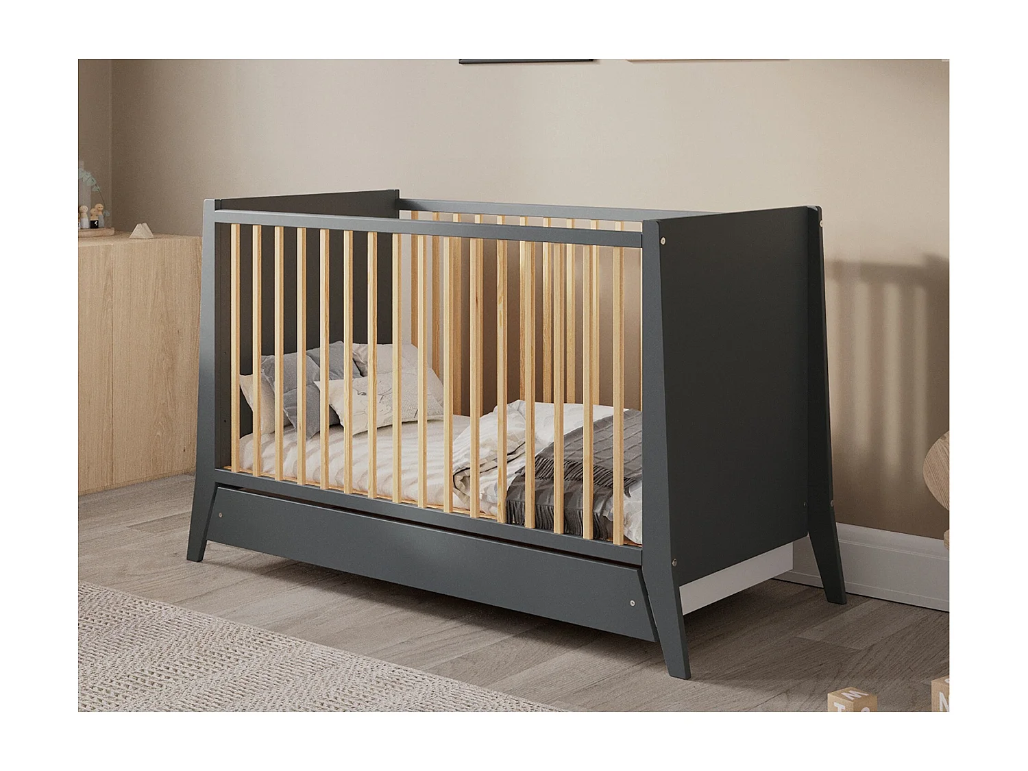 Mitwachsendes Babybett mit Schublade - 60x120 cm
