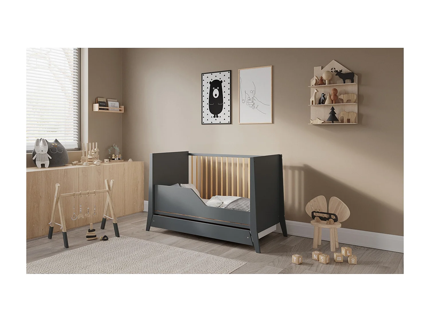 Mitwachsendes Babybett mit Schublade - 60x120 cm