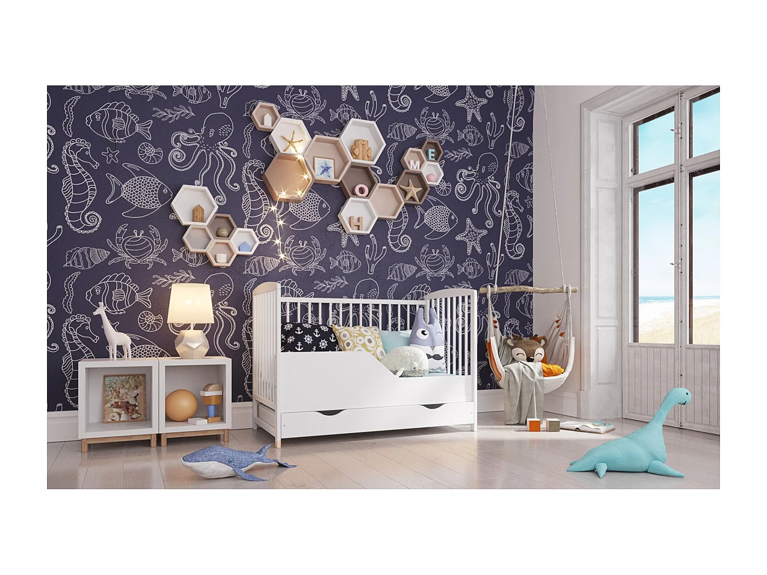 Lit bébé évolutif avec tiroir - NINA - 120x60 cm - Blanc