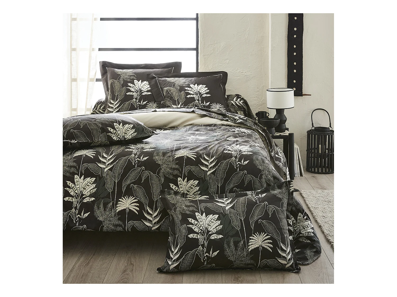 Housse de couette en satin aux feuilles tropicales