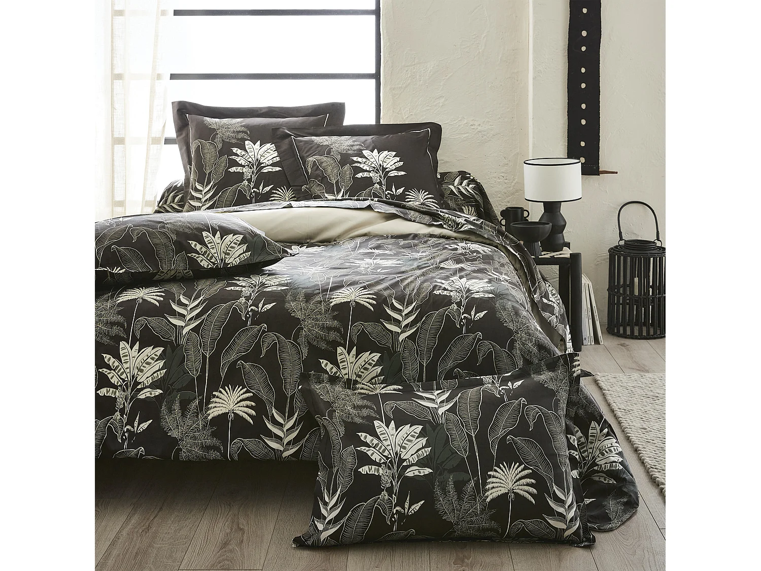 Housse de couette en satin aux feuilles tropicales