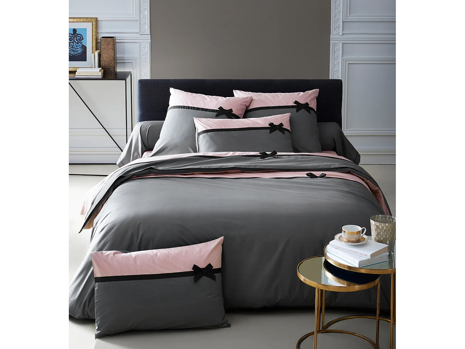Housse de couette frou frou anthracite nœud