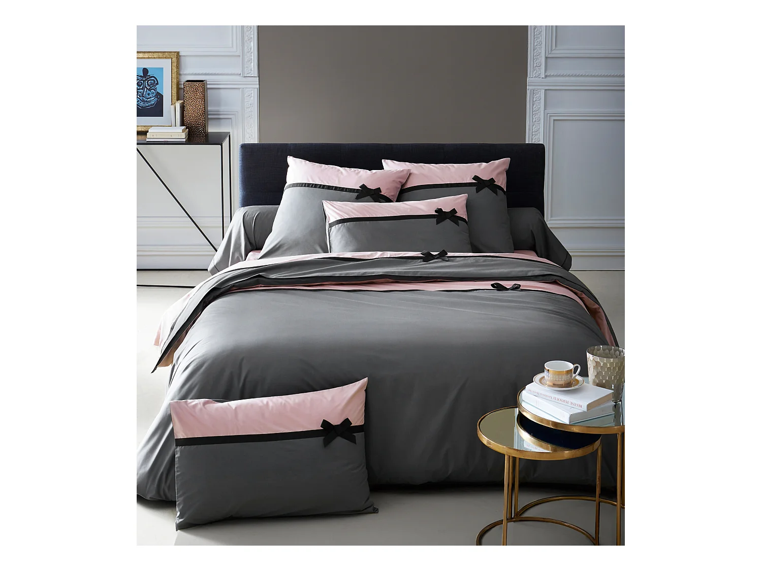 Housse de couette frou frou anthracite nœud