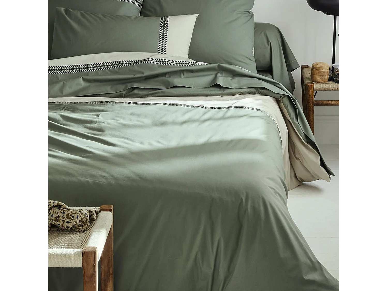 Housse de couette en percale de coton au galon géométrique