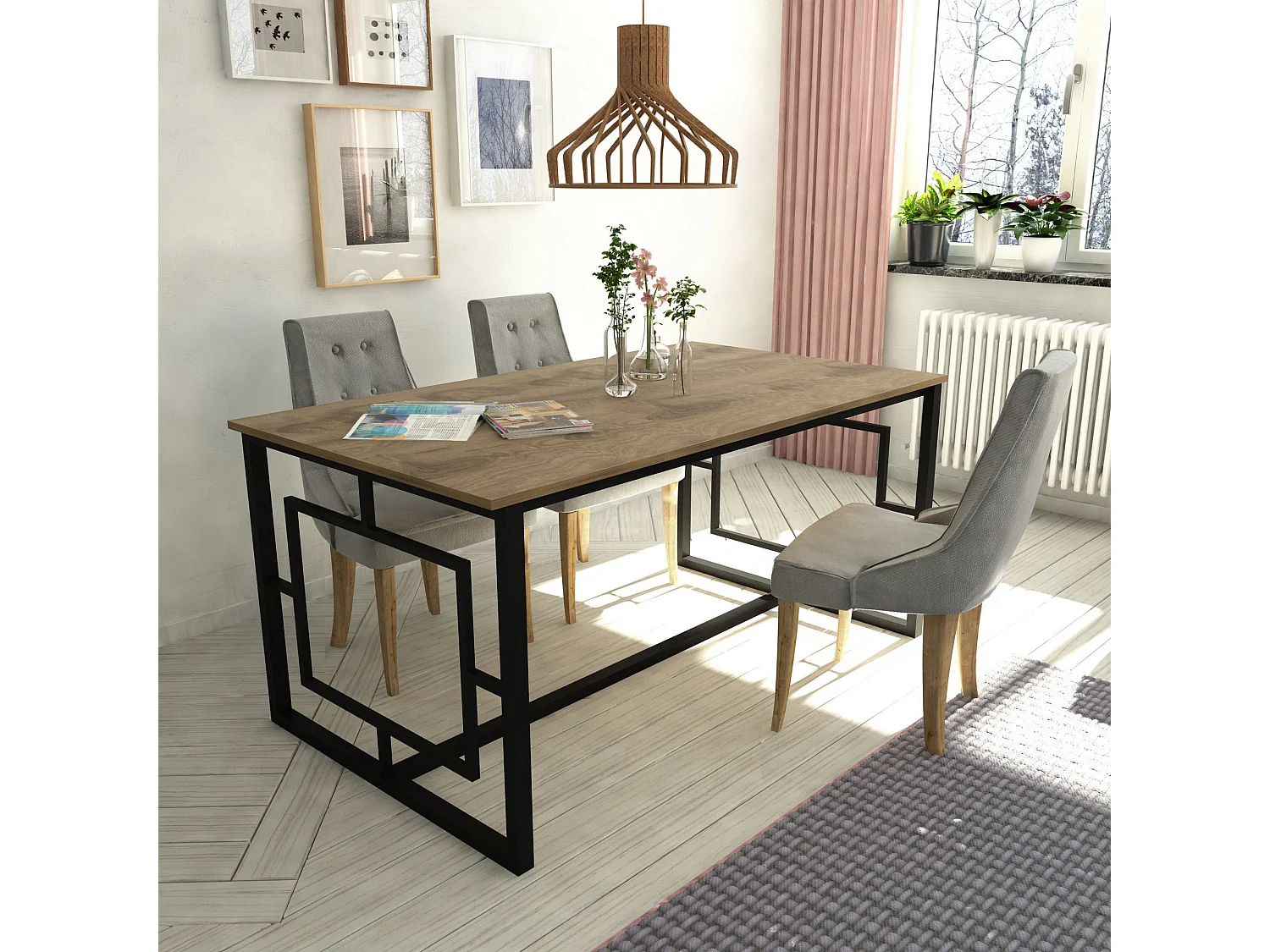 Mesa Kailua 1341, Negro|Nogal, 76x90x160cm, Aglomerado laminado, Metal