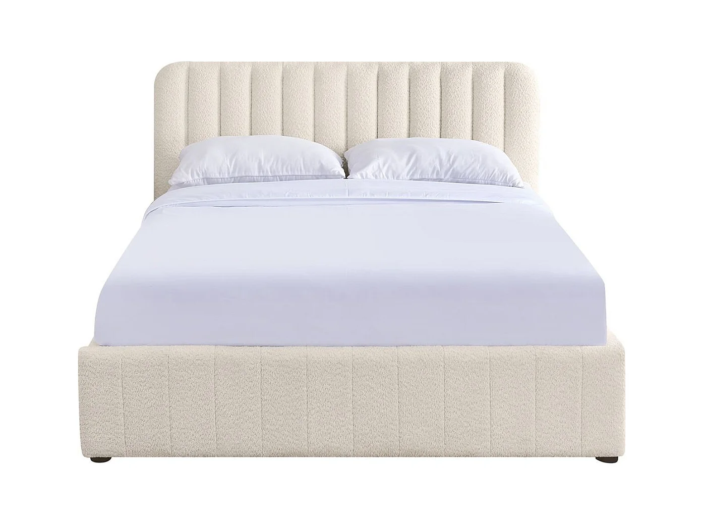 Lit coffre adulte 160x200 cm avec tête de lit capitonnée en tissu bouclé beige - Ava