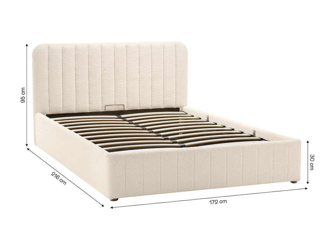 Lit coffre adulte 160x200 cm avec tête de lit capitonnée en tissu bouclé beige - Ava