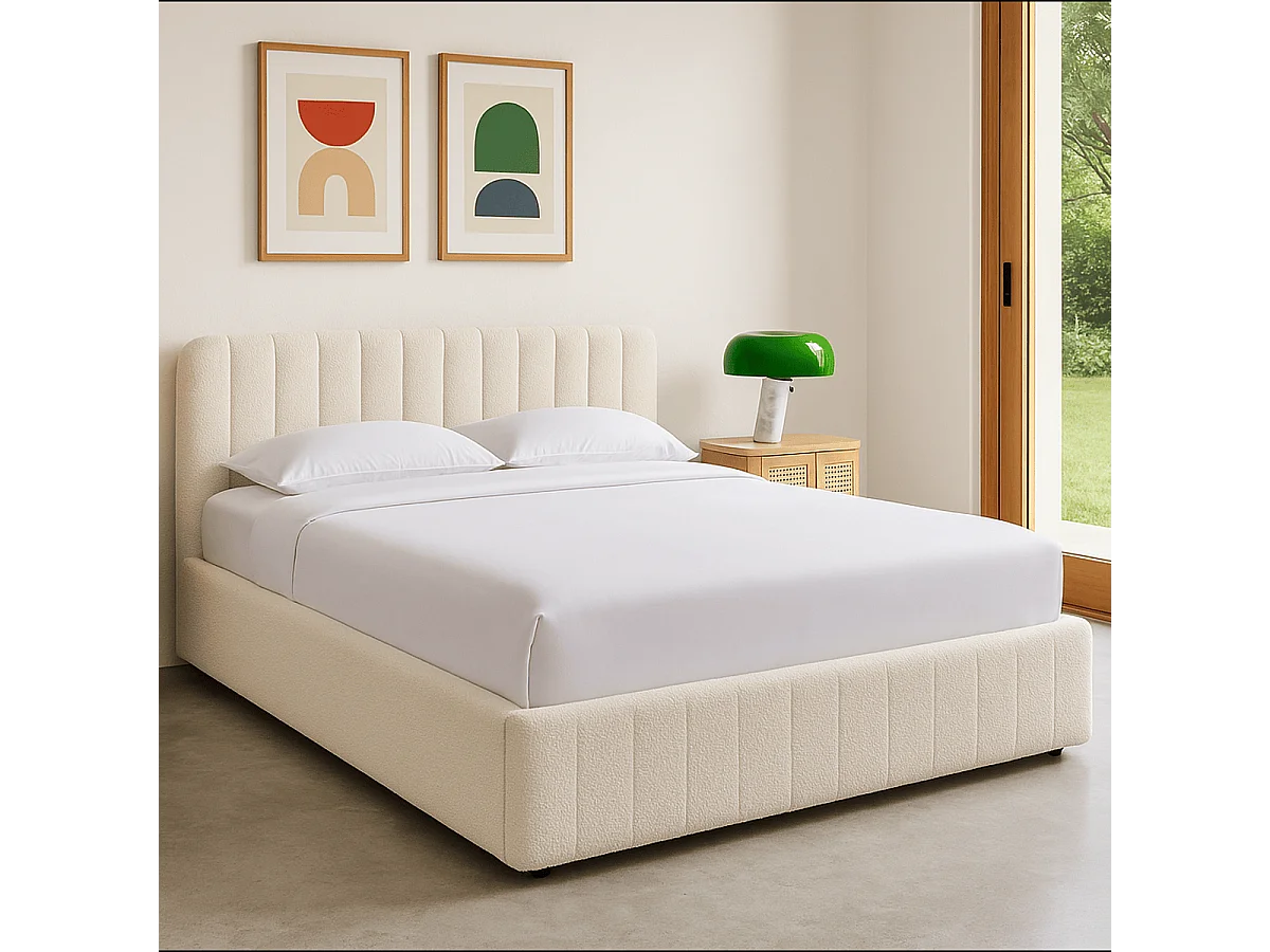 Lit coffre adulte 160x200 cm avec tête de lit capitonnée en tissu bouclé beige - Ava