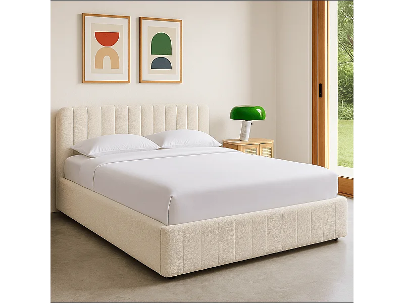 Lit coffre adulte 160x200 cm avec tête de lit capitonnée en tissu bouclé beige - Ava