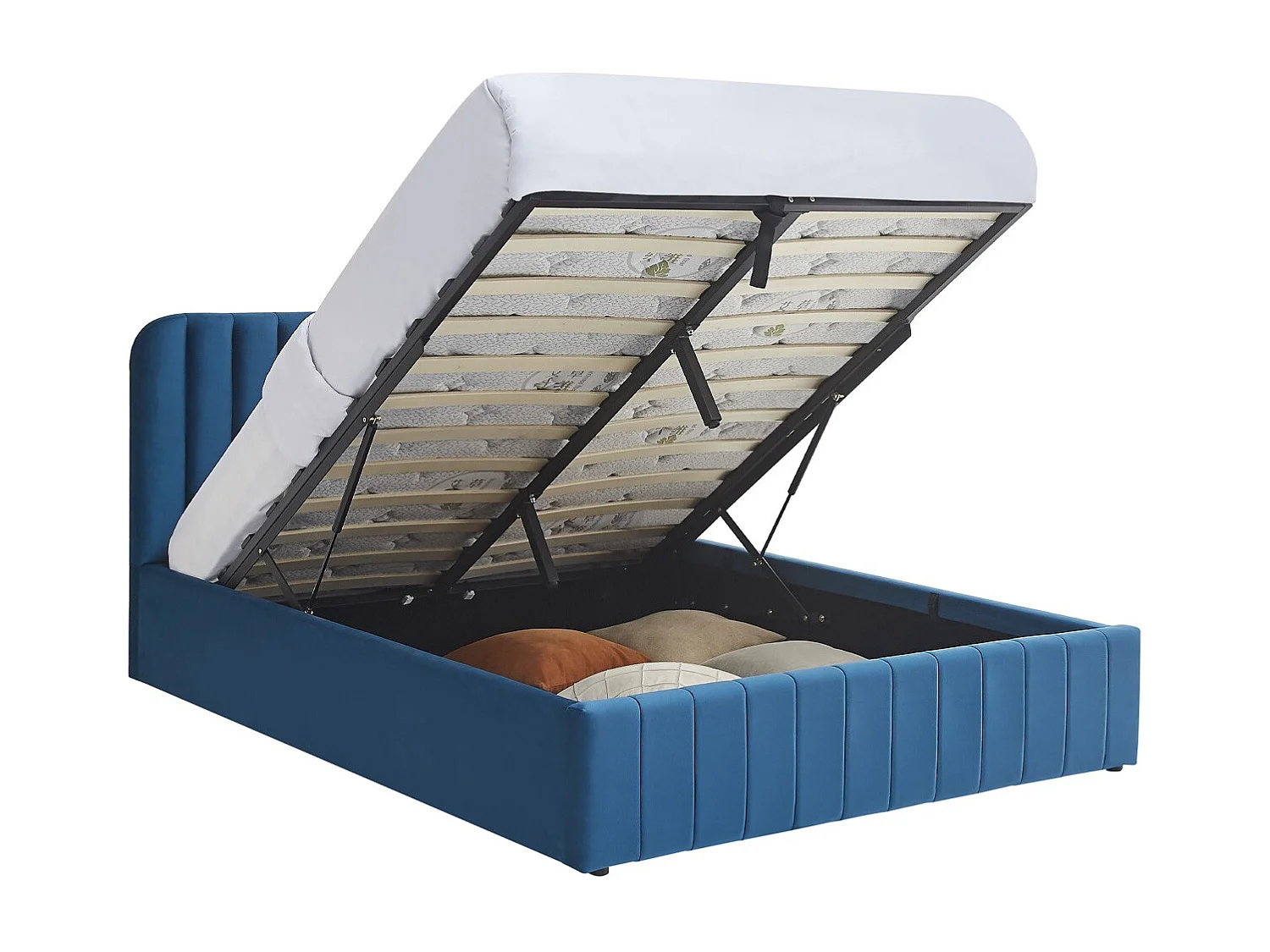 Lit coffre adulte 160x200 cm avec tête de lit capitonnée en velours bleu - Ava