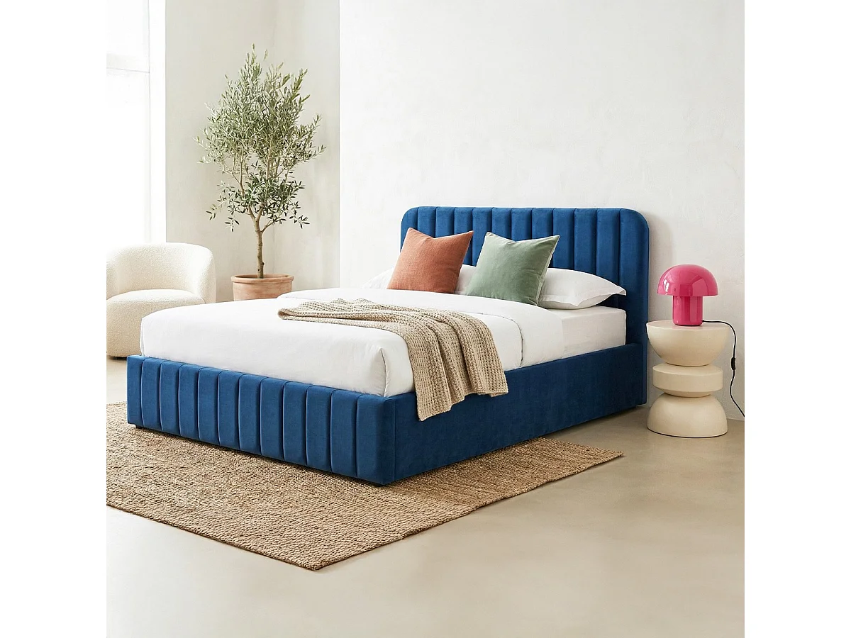 Lit coffre adulte 160x200 cm avec tête de lit capitonnée en velours bleu - Ava