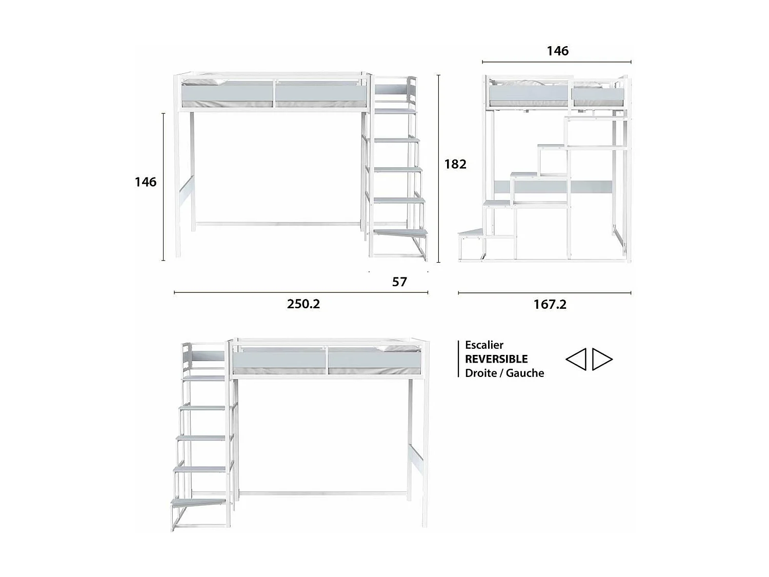 Letto a soppalco con rete e scala in metallo con finitura epossidica bianca e melaminico grigio chiaro - ampio spazio per dormire 140 x 190 cm - MONTANA