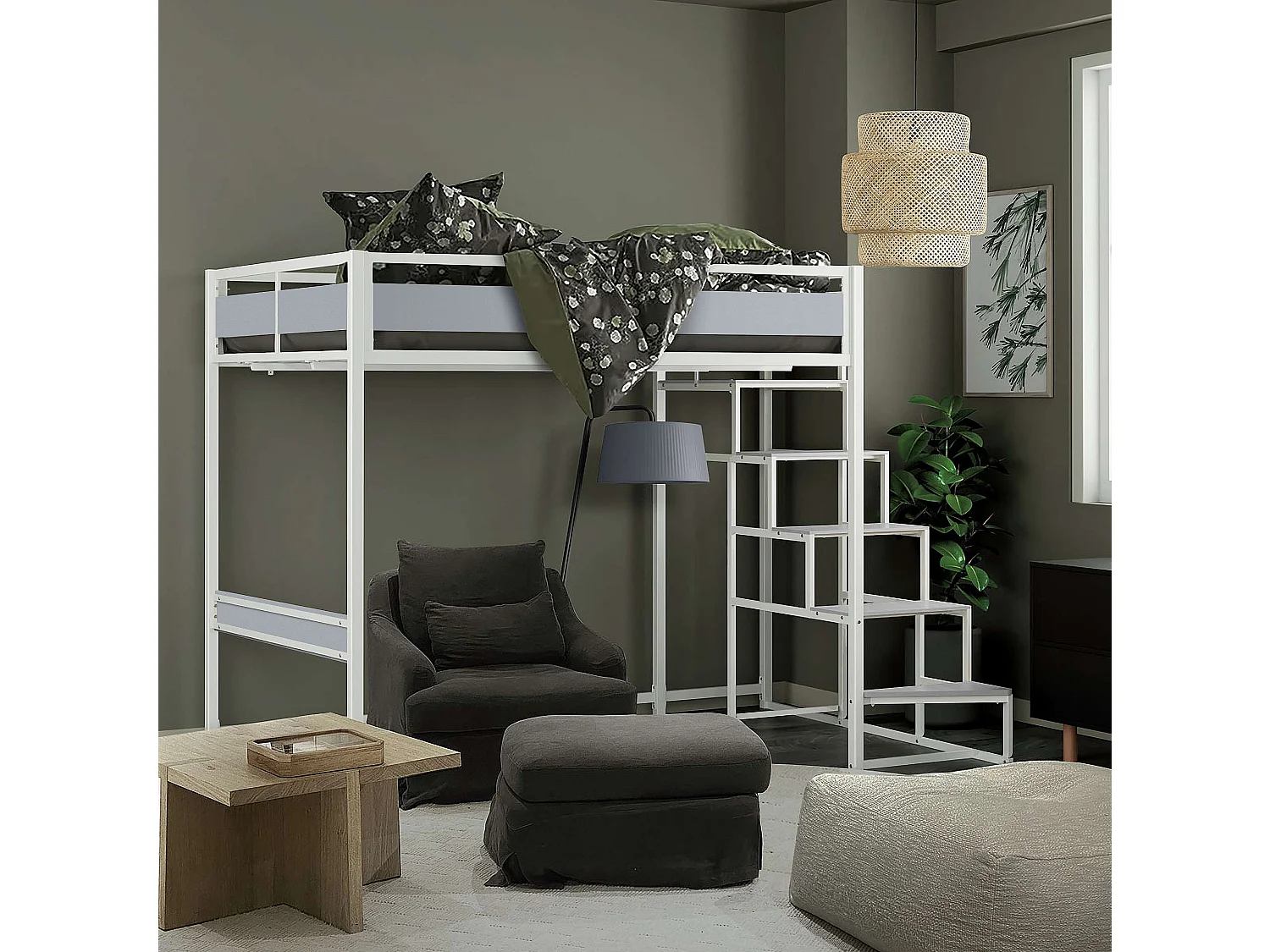 Cama mezzanine MONTANA com escada reversível e grande área de dormir 140 x 190 cm em metal com acabamento em epóxi branco e melamina cinza claro