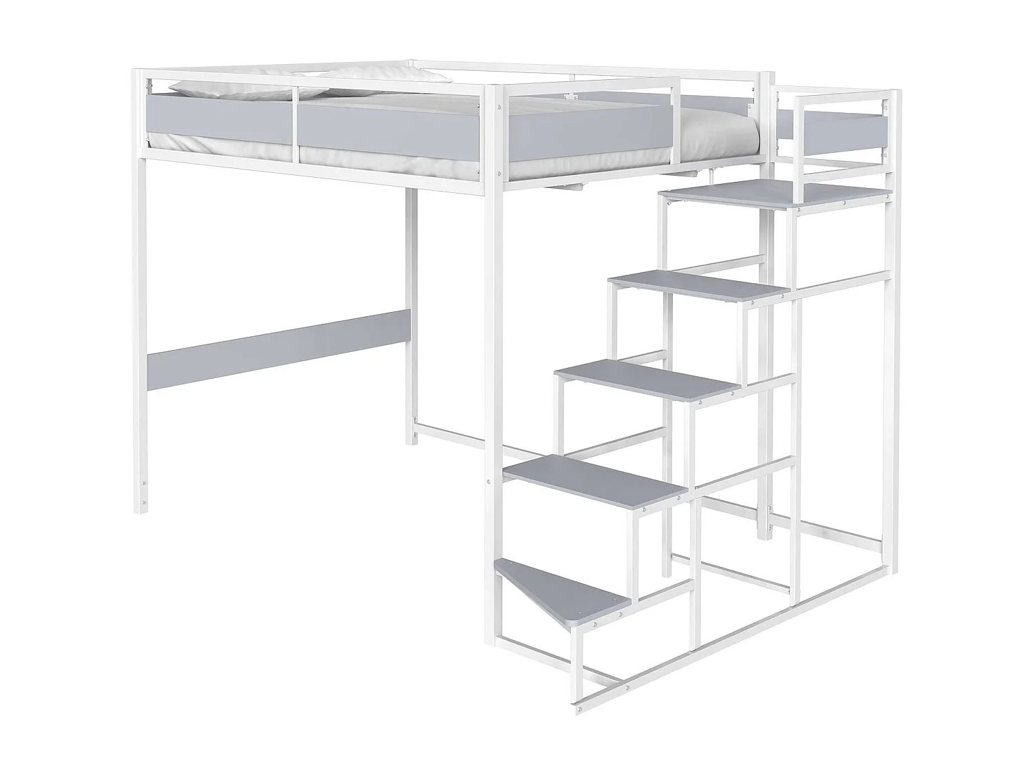 Cama mezzanine MONTANA com escada reversível e grande área de dormir 140 x 190 cm em metal com acabamento em epóxi branco e melamina cinza claro