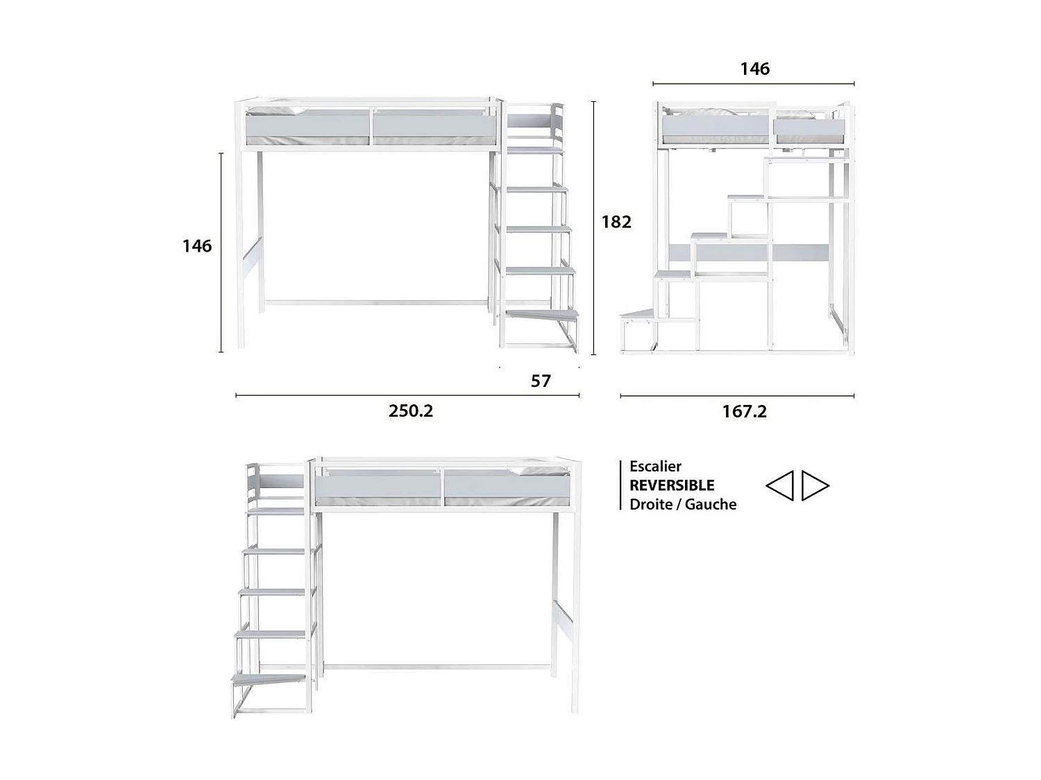 Cama mezzanine MONTANA com escada reversível e grande área de dormir 140 x 190 cm em metal com acabamento em epóxi branco e melamina cinza claro
