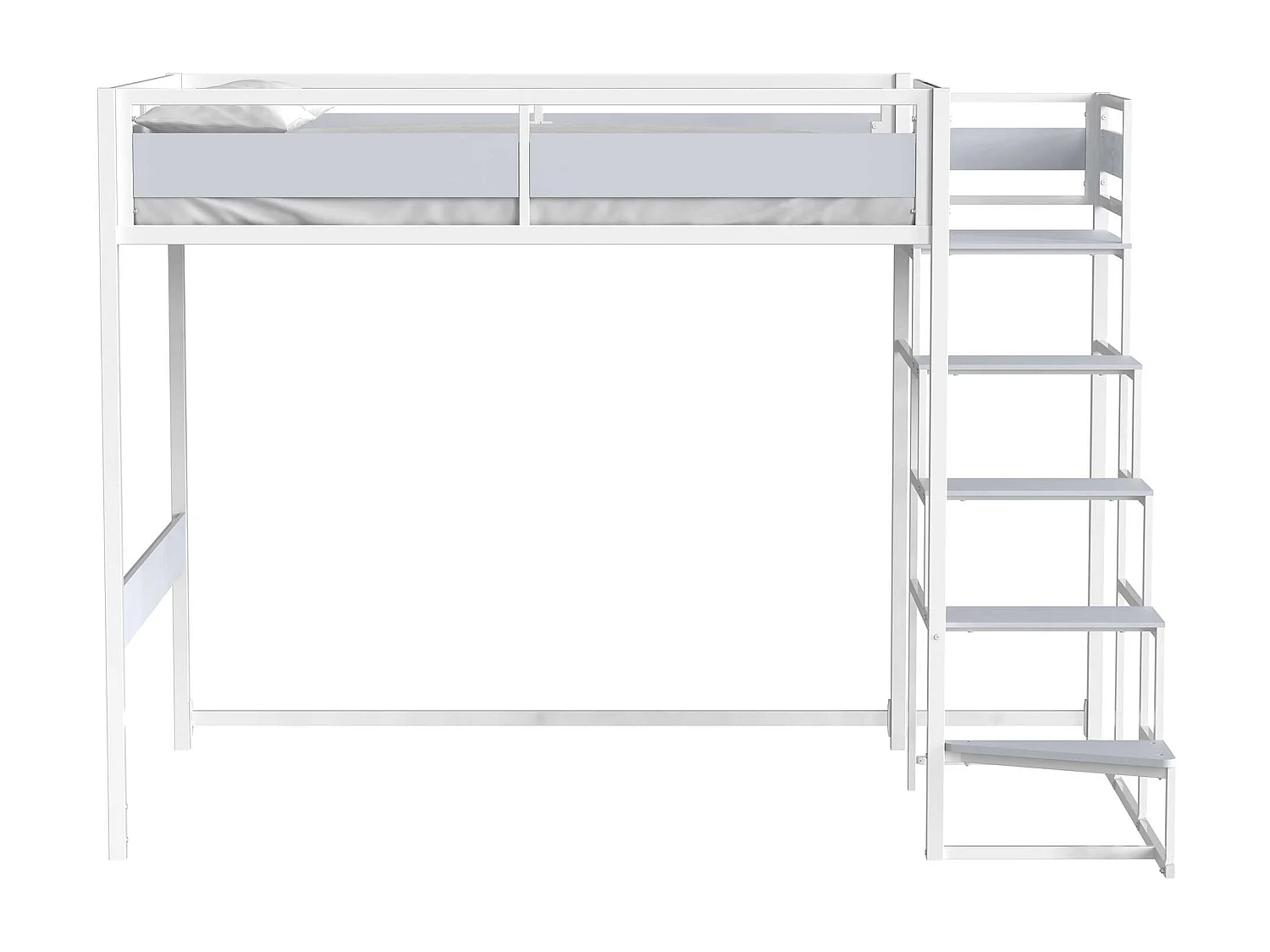 Cama mezzanine MONTANA com escada reversível e grande área de dormir 140 x 190 cm em metal com acabamento em epóxi branco e melamina cinza claro