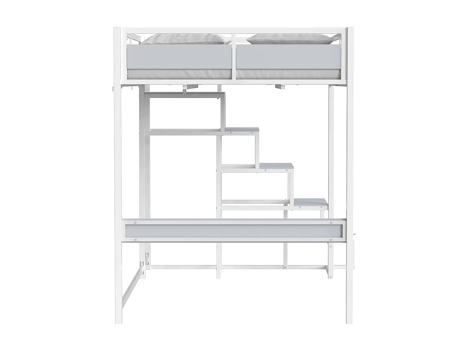 Cama mezzanine MONTANA com escada reversível e grande área de dormir 140 x 190 cm em metal com acabamento em epóxi branco e melamina cinza claro