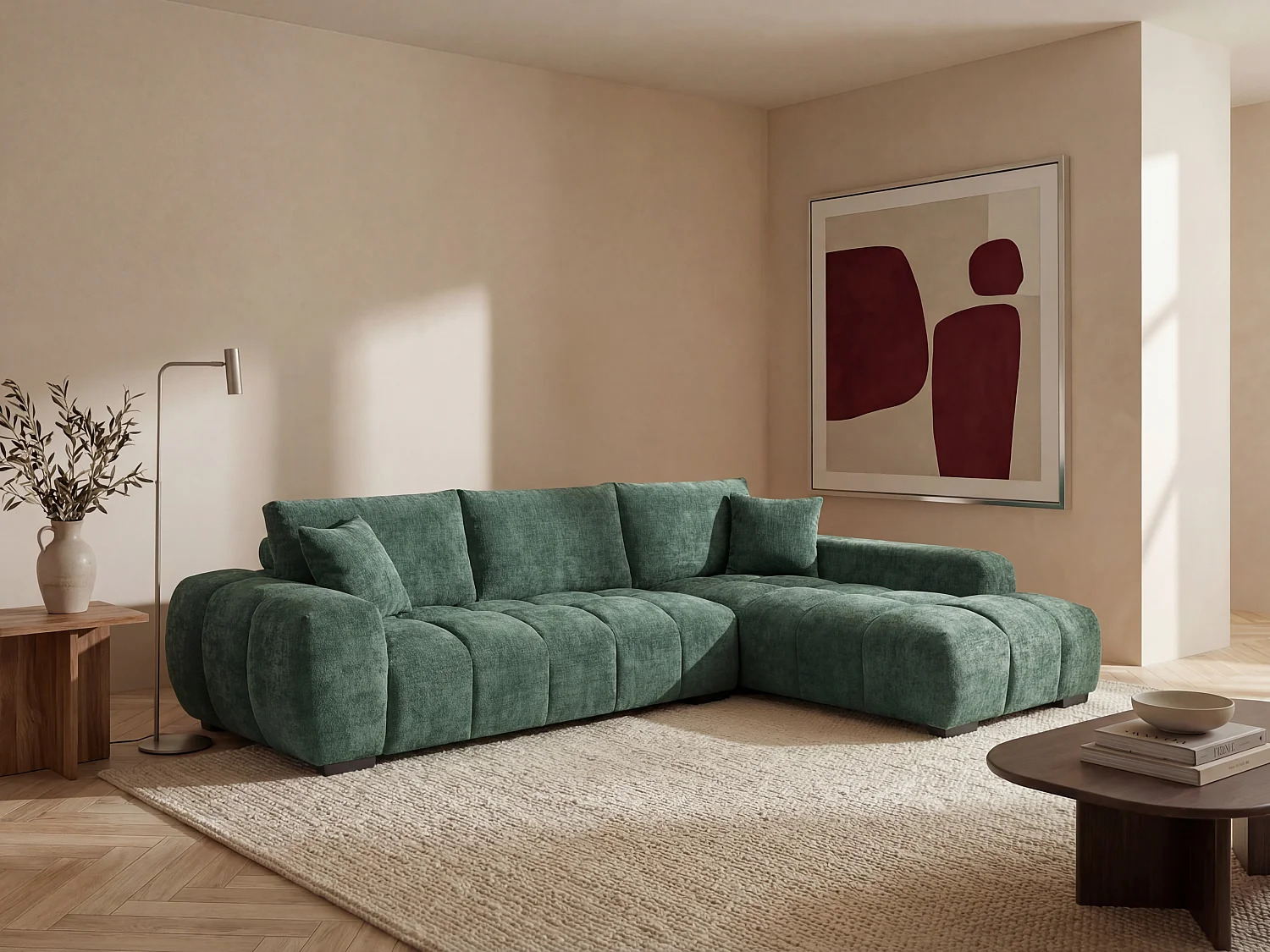 Canapé d'angle droit en tissu texturé vert BERENIA