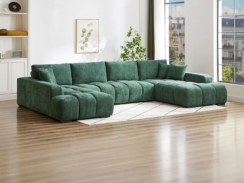 Grand canapé d'angle panoramique en tissu texturé vert BERENIA