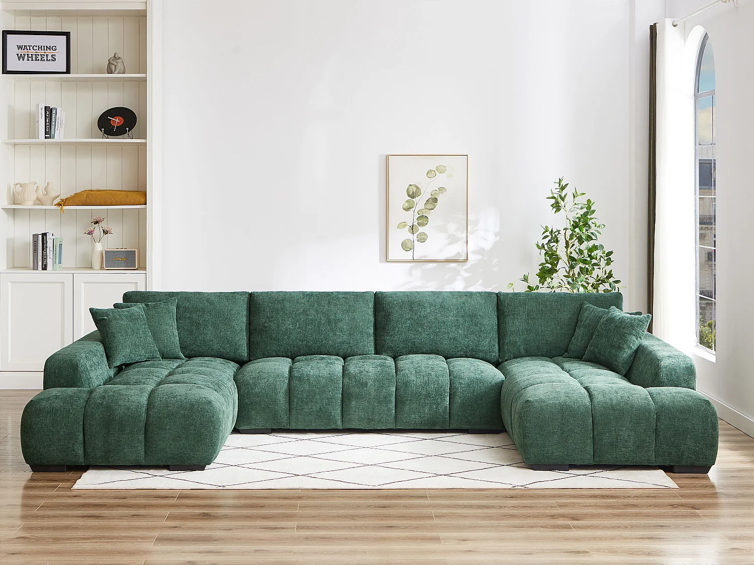 Stor panoramisk hjørnesofa i tekstureret grønt stof BERENIA