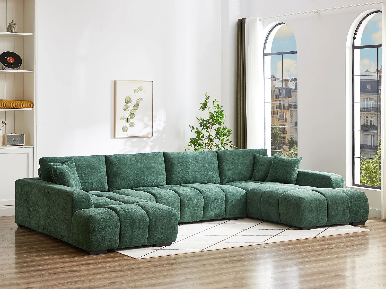 Stor panoramisk hjørnesofa i tekstureret grønt stof BERENIA