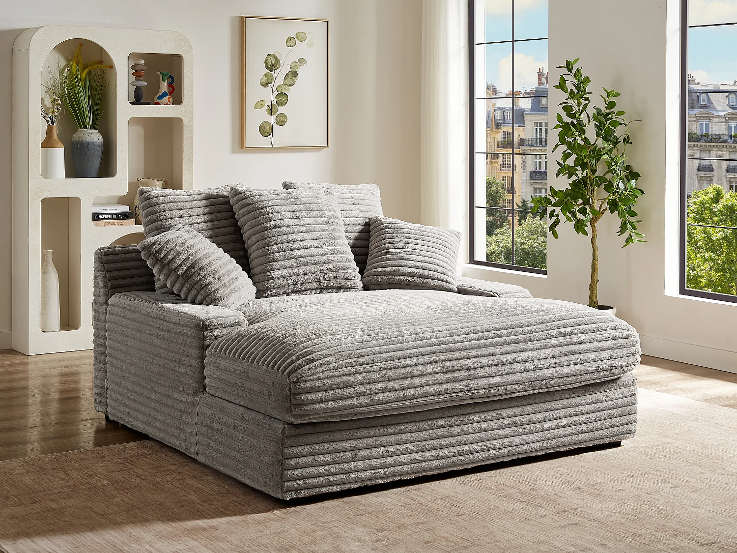 Méridienne 2 places en velours côtelé grosses côtes gris ESARTO de Pascal Morabito