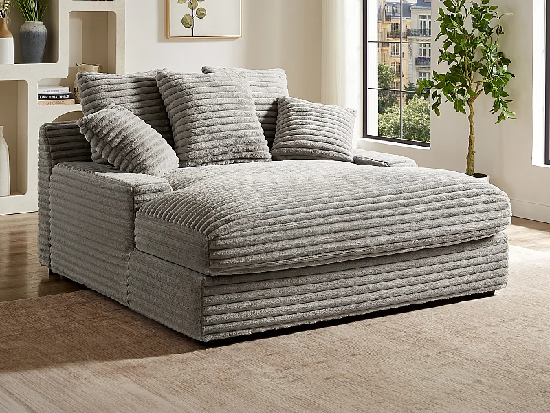 Tweezits-meridienne van grijs ribfluweel met brede ribbels ESARTO van Pascal Morabito