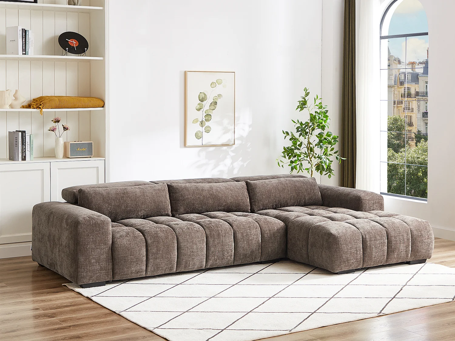 Canapé d'angle droit en tissu texturé taupe LOPONZA