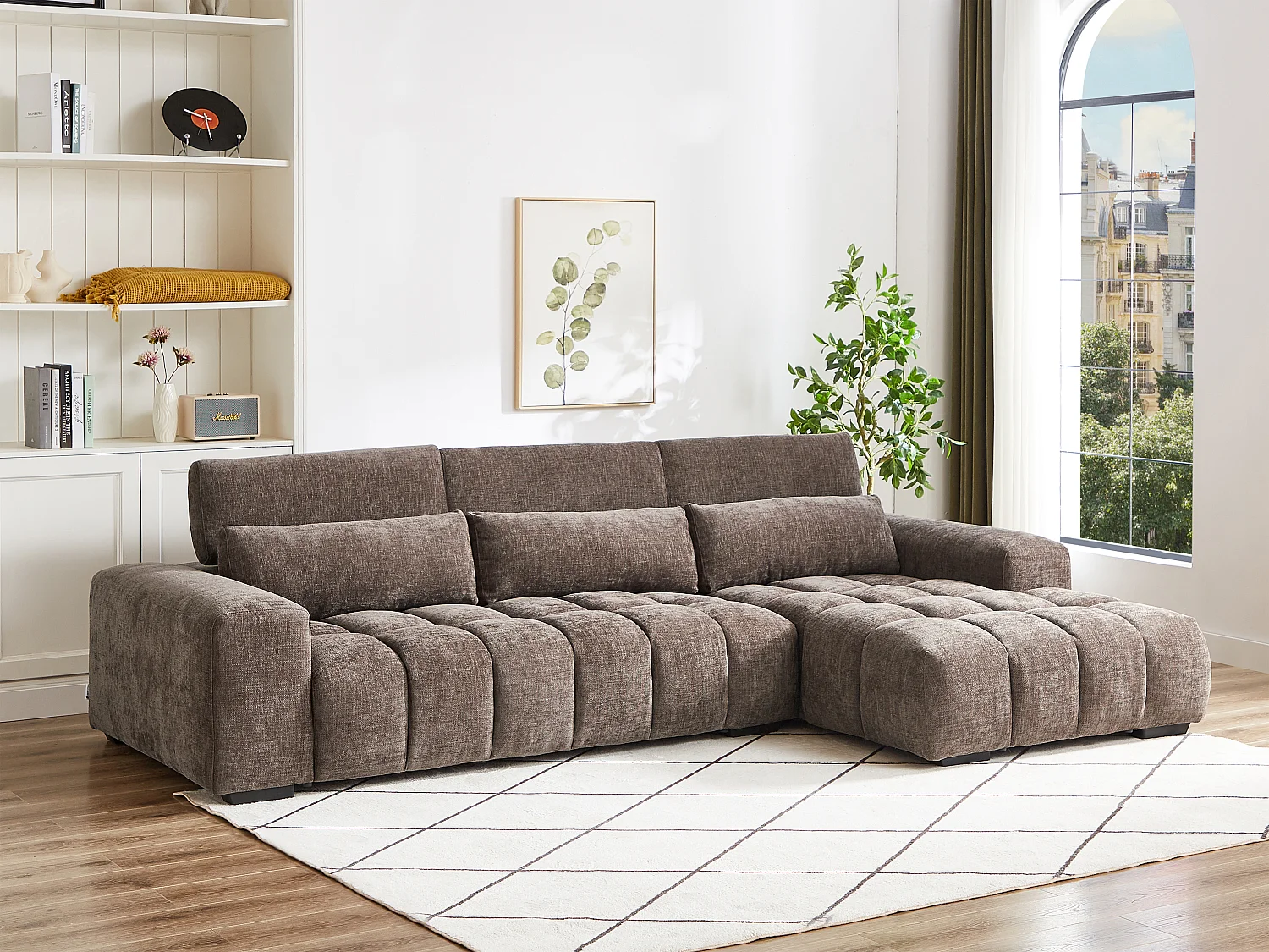 Canapé d'angle droit en tissu texturé taupe LOPONZA