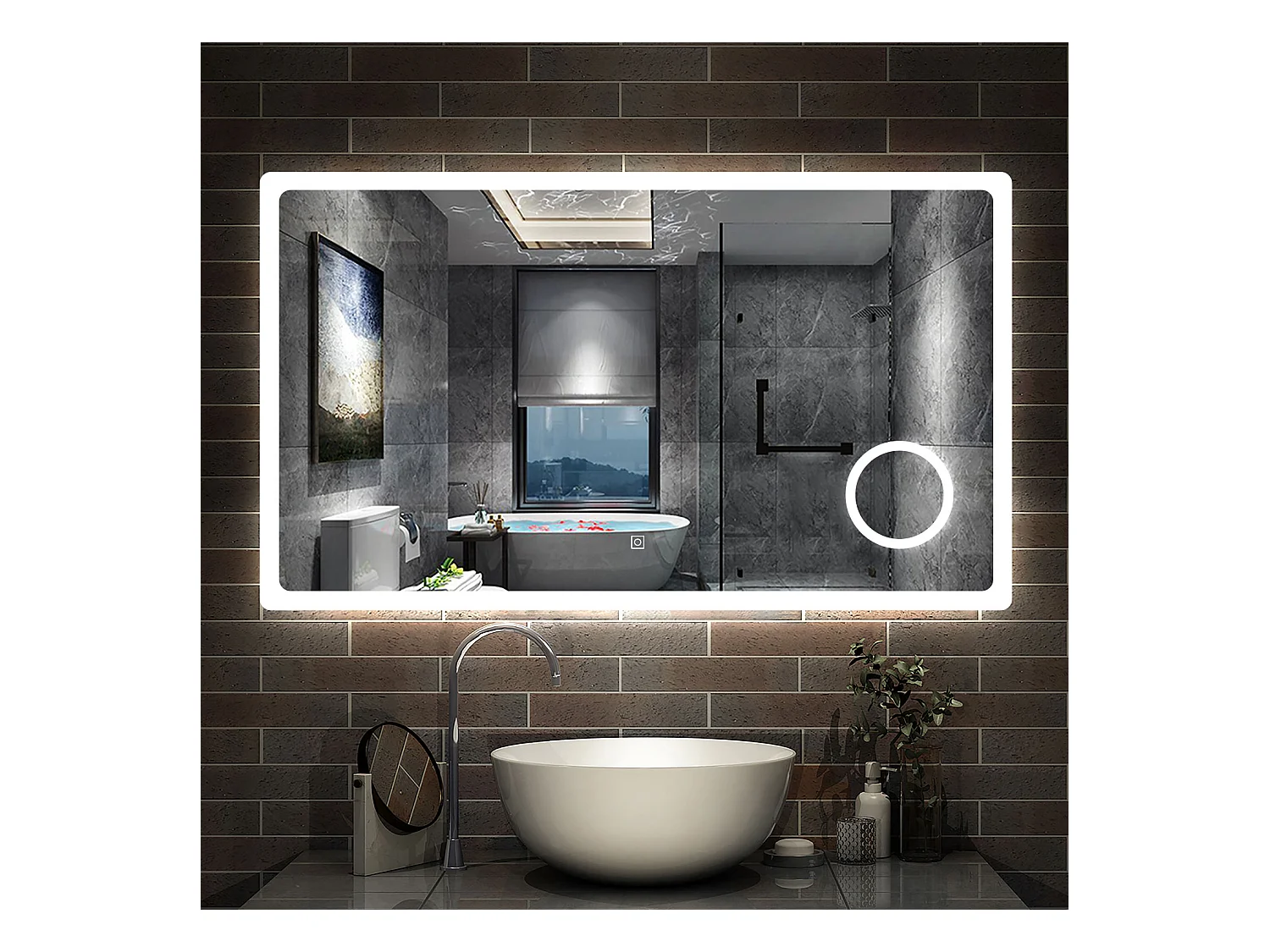 AICA 160x80cm miroir lumineux salle de bain LED anti-buée,tricolore avec loupe 3x, mémoire et dimmable