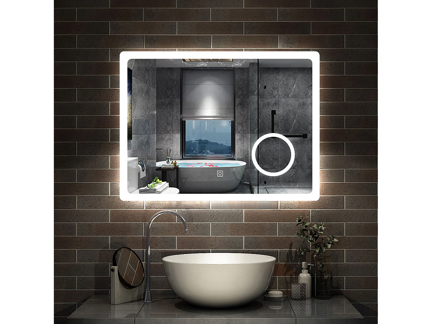 AICA 80x60cm miroir lumineux salle de bain LED anti-buée,tricolore avec loupe 3x, mémoire et dimmable