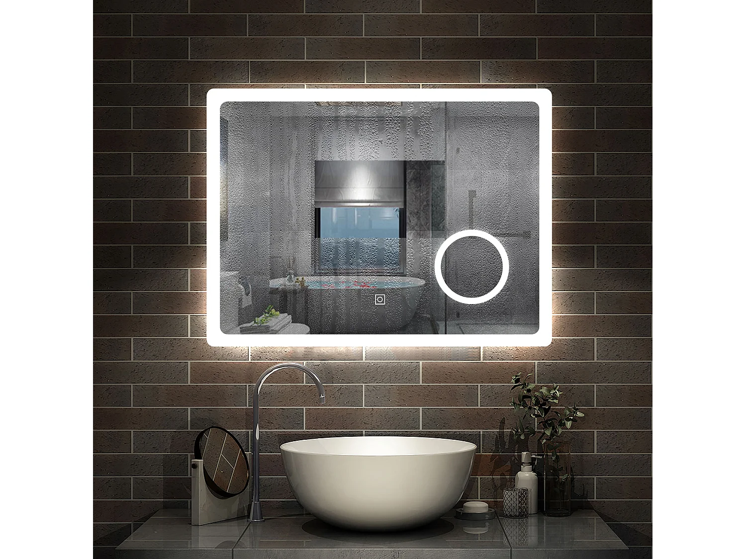 AICA 80x60cm miroir lumineux salle de bain LED anti-buée,tricolore avec loupe 3x, mémoire et dimmable