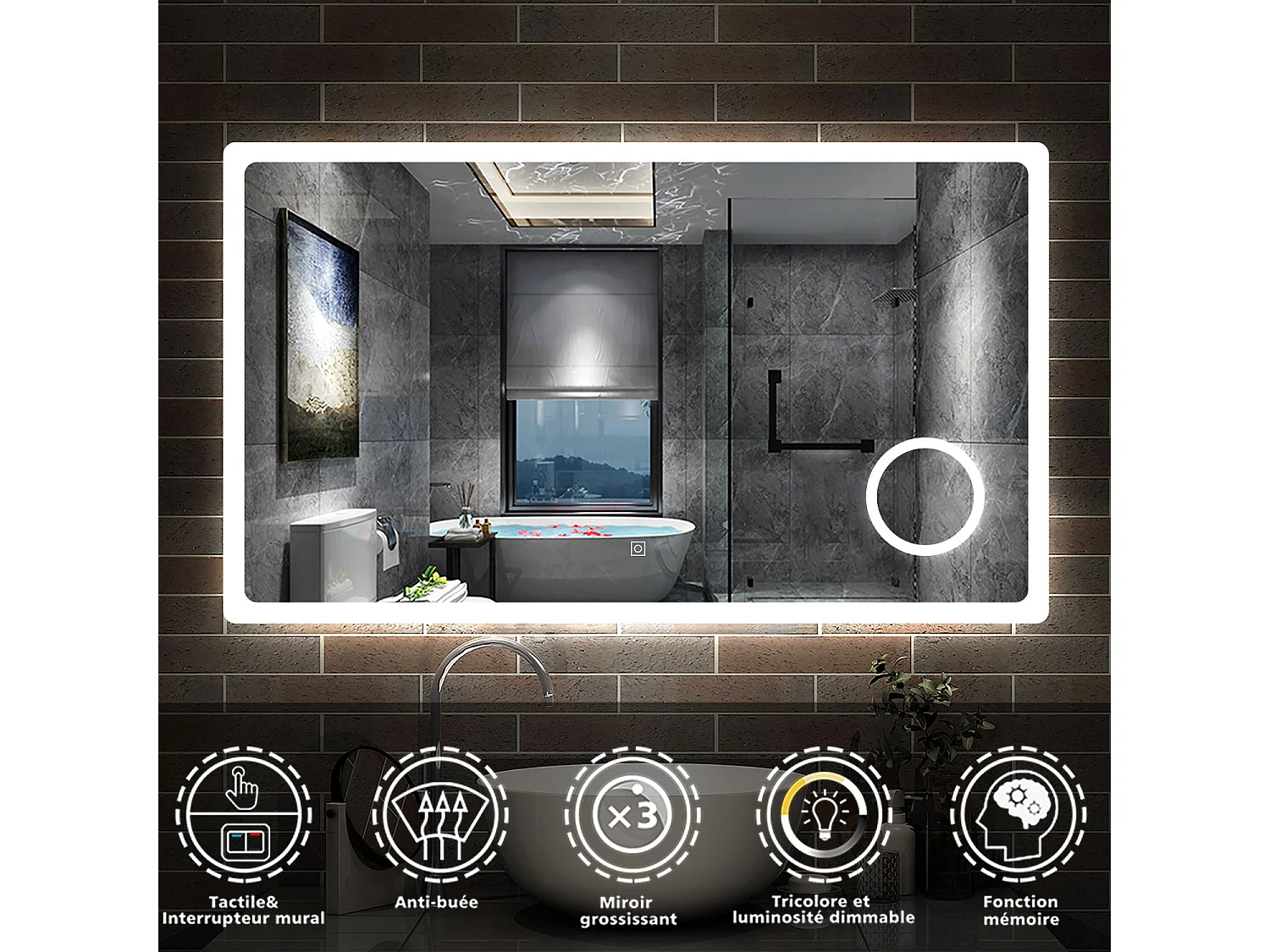 AICA 120x70cm miroir lumineux salle de bain LED anti-buée,tricolore avec loupe 3x, mémoire et dimmable