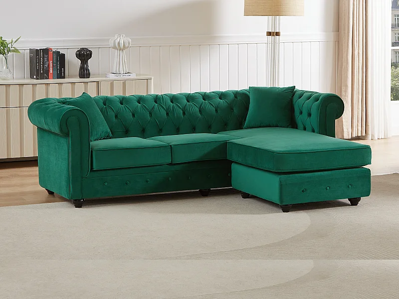 Canapé d'angle chesterfield réversible en velours vert TOLEDO