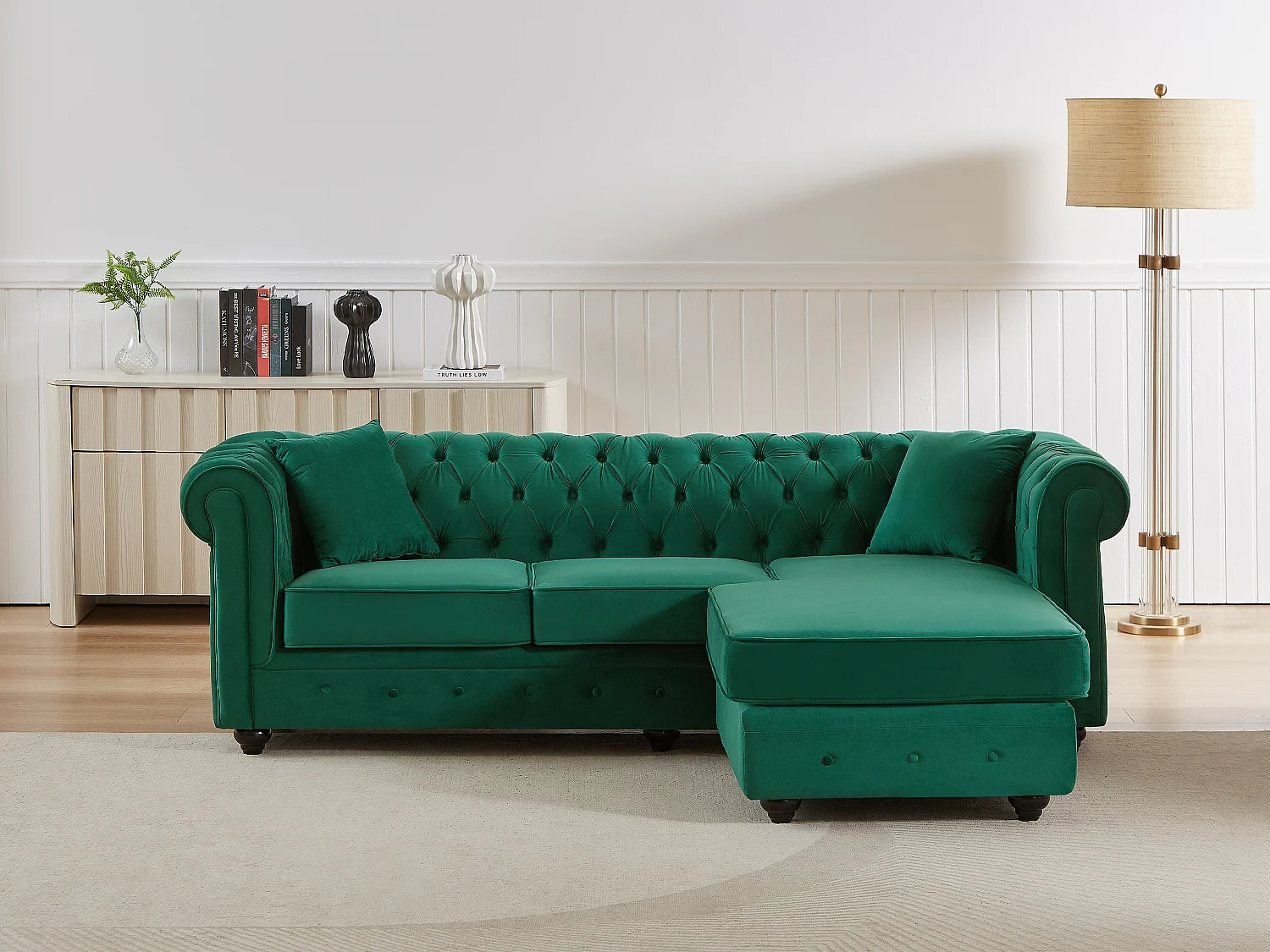 Canapé d'angle chesterfield réversible en velours vert TOLEDO