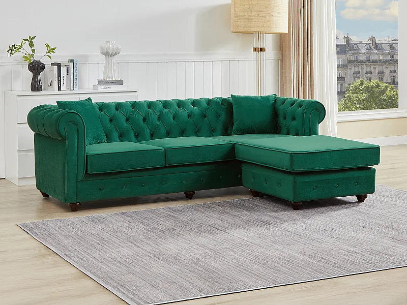 Sofá chesterfield rinconera reversible de terciopelo verde TOLEDO