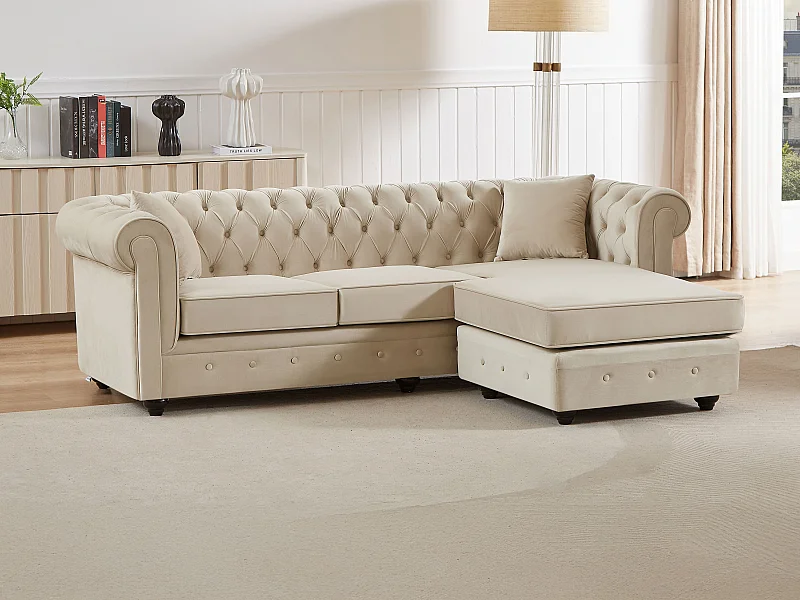 Kanapa narożna chesterfield dwustronna, aksamitna beżowa z odpinanymi siedziskami TOLEDO