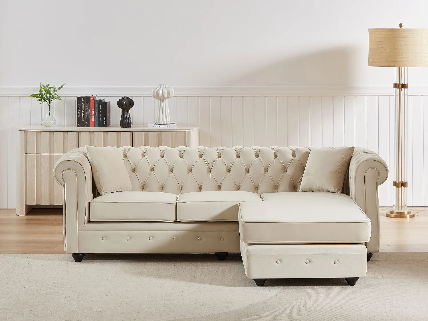 Canapé d'angle chesterfield réversible en velours beige TOLEDO