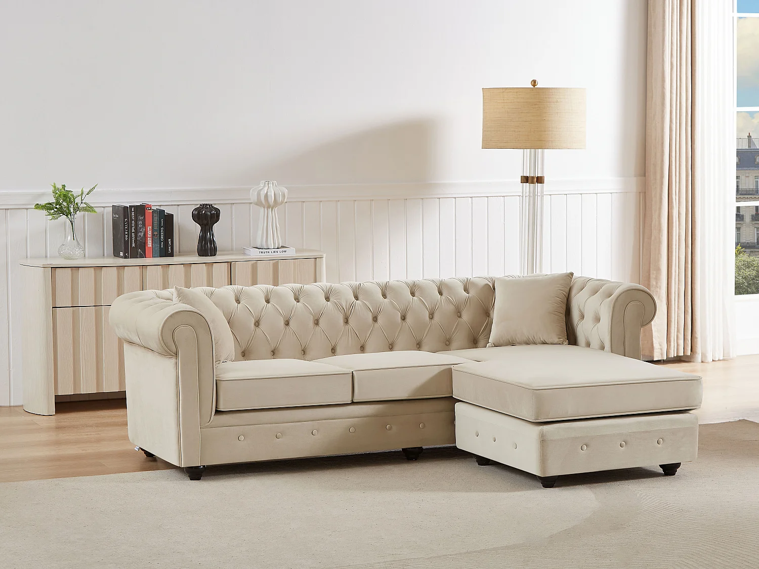 Canapé d'angle chesterfield réversible en velours beige TOLEDO