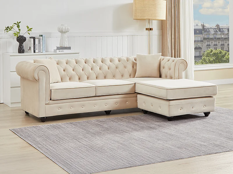 Sofá chesterfield rinconera reversible de terciopelo beige TOLEDO