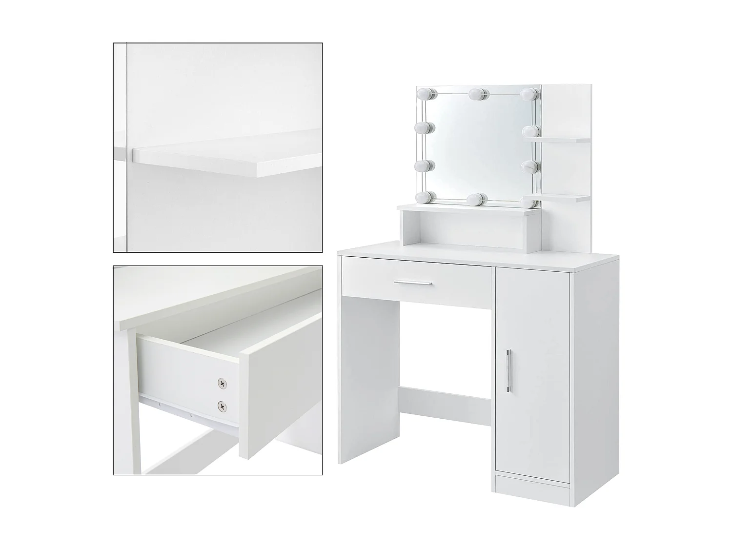 Table de maquillage avec LED coiffeuse MDF blanc miroir et tabouret 90x38x137 cm