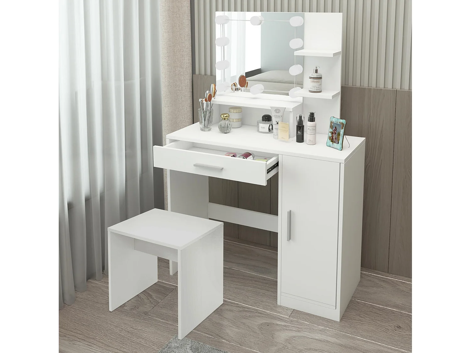 Tavolino da trucco cosmetico bianco luci LED sgabello tavolo toeletta make-up