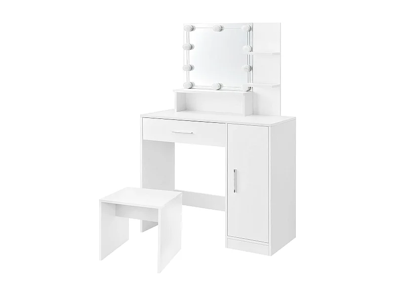 Tocador con espejo blanco mesa de maquillaje con luz LED + taburete de madera