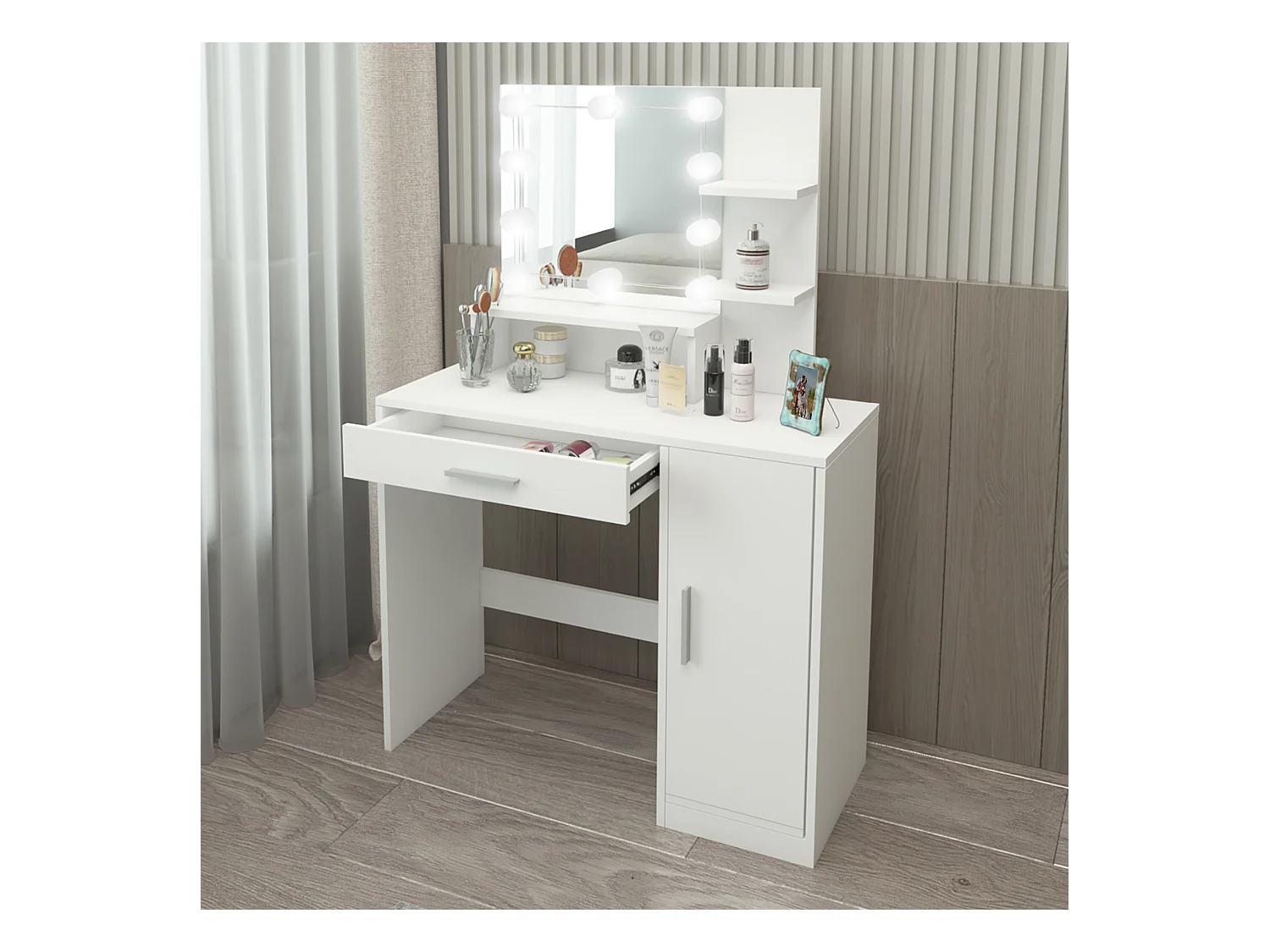 Meuble de maquillage coiffeuse en MDF avec miroir tiroir et guirlande LED blanc