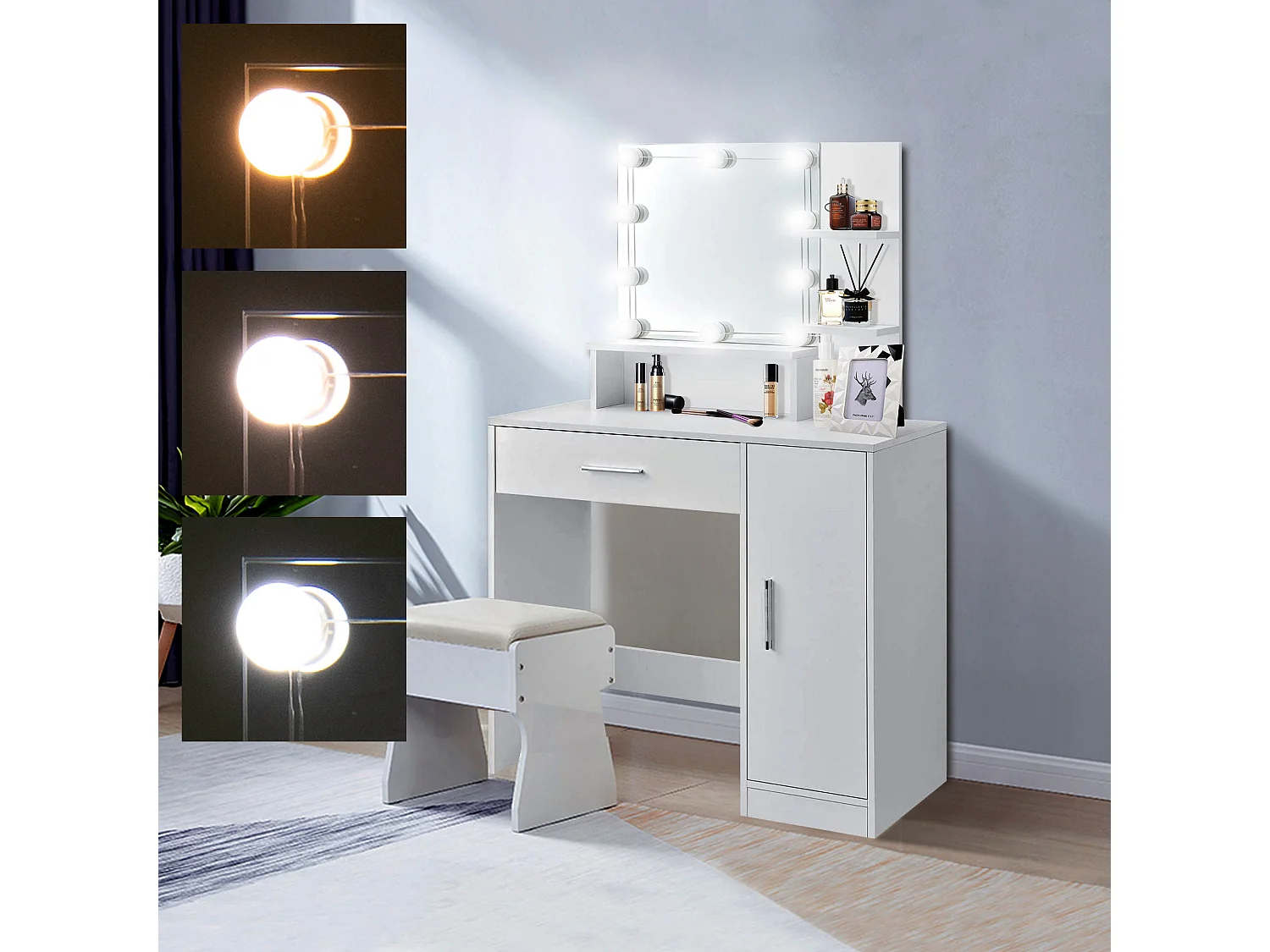 Tocador con espejo blanco mesa de maquillaje cómoda iluminación LED de madera