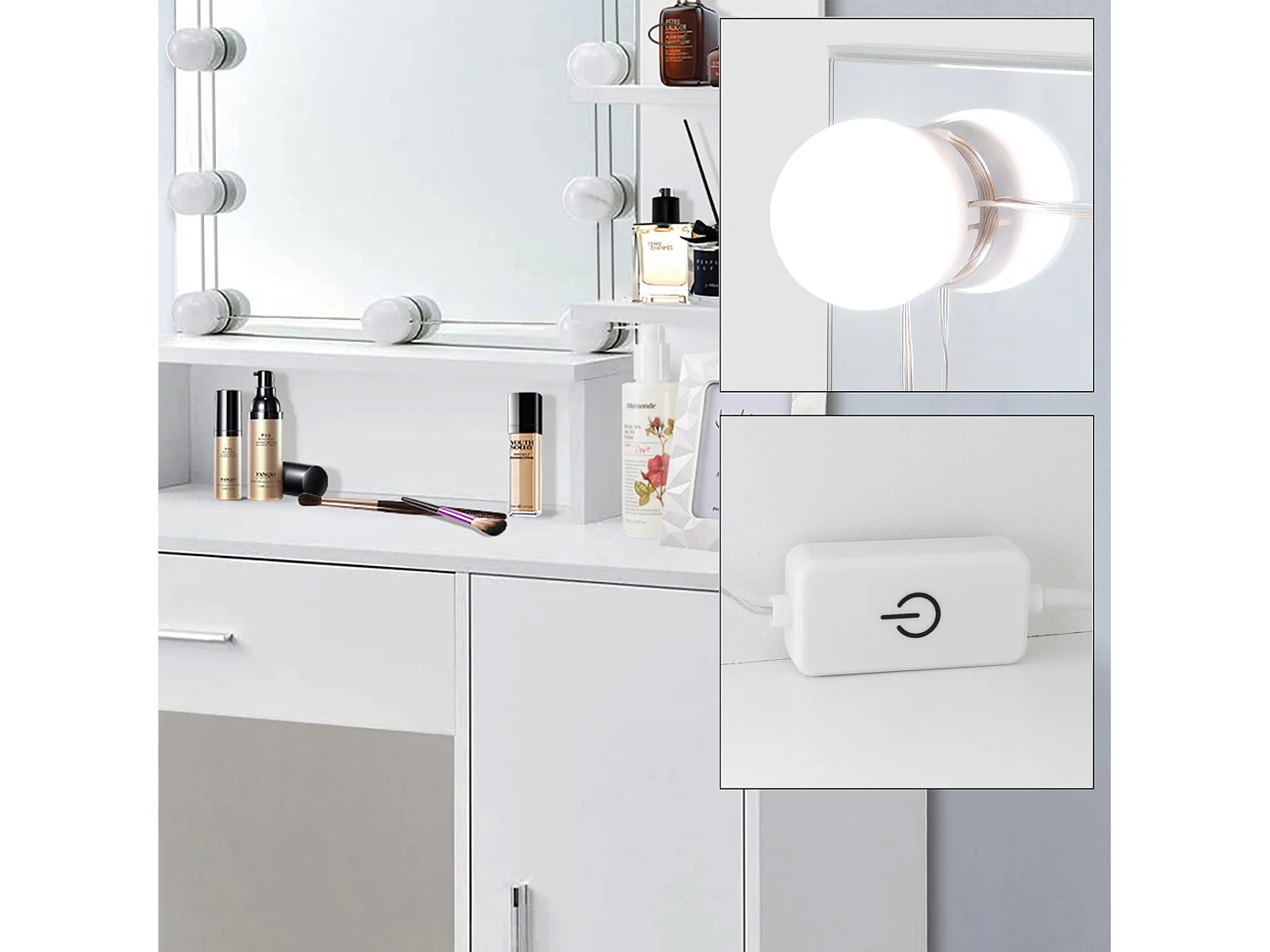 Tocador con espejo blanco mesa de maquillaje cómoda iluminación LED de madera