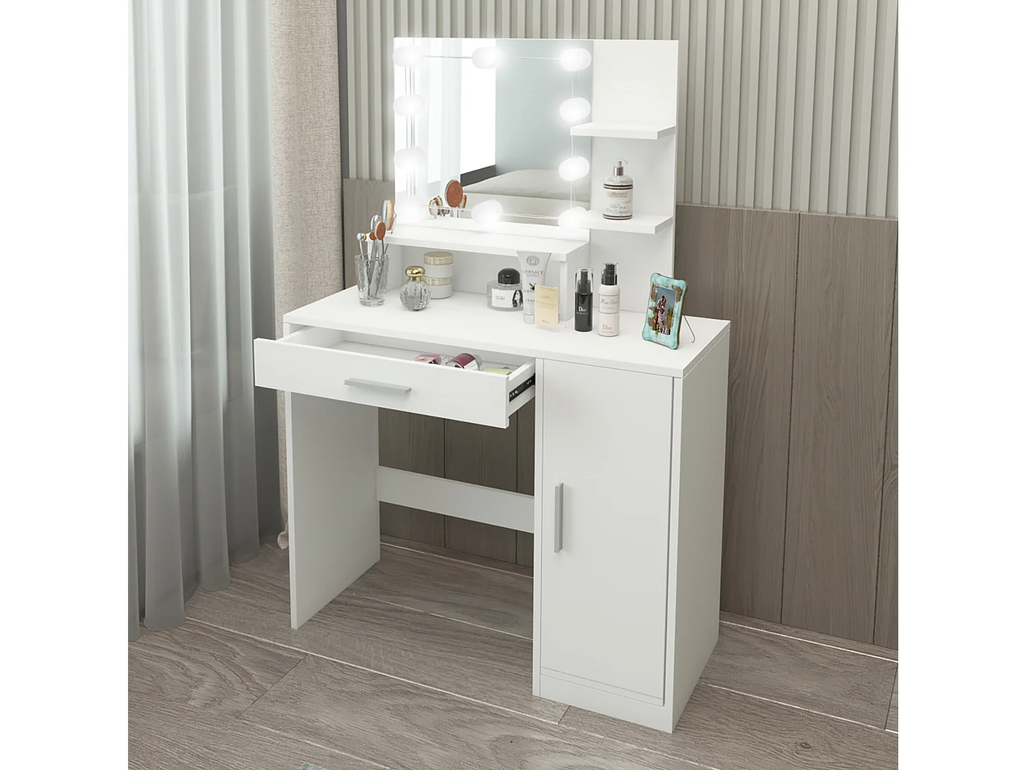 Tocador con espejo blanco mesa de maquillaje cómoda iluminación LED de madera