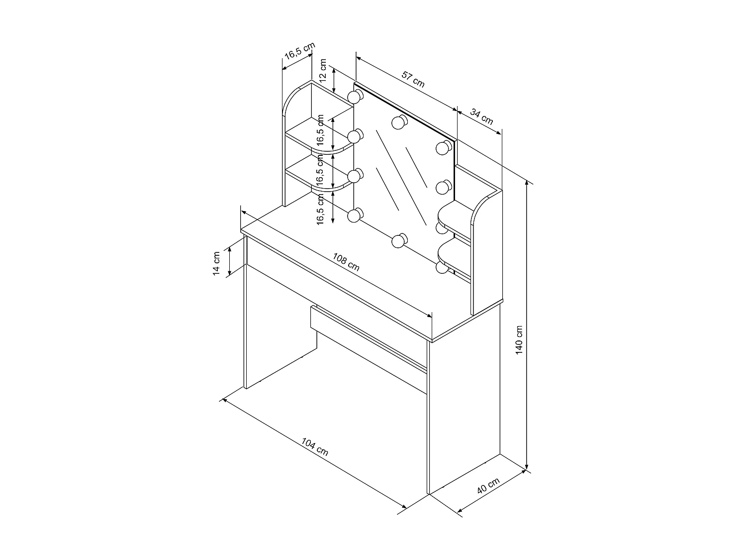 Meuble de maquillage commode de coiffeuse avec miroir tiroir guirlande LED blanc