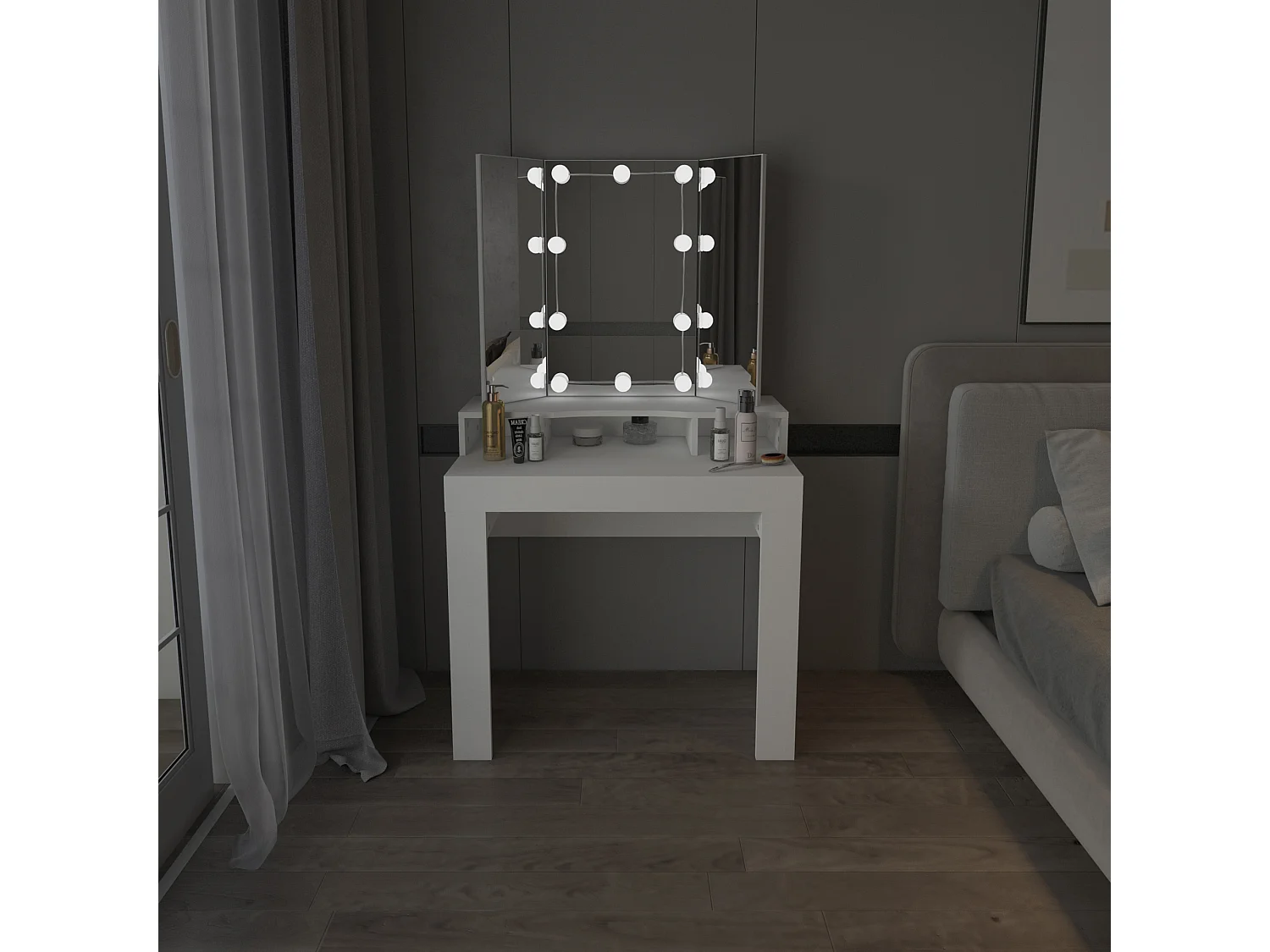 Tocador 3 espejos mesa moderna maquillaje LED comoda madera cajón MDF blanco