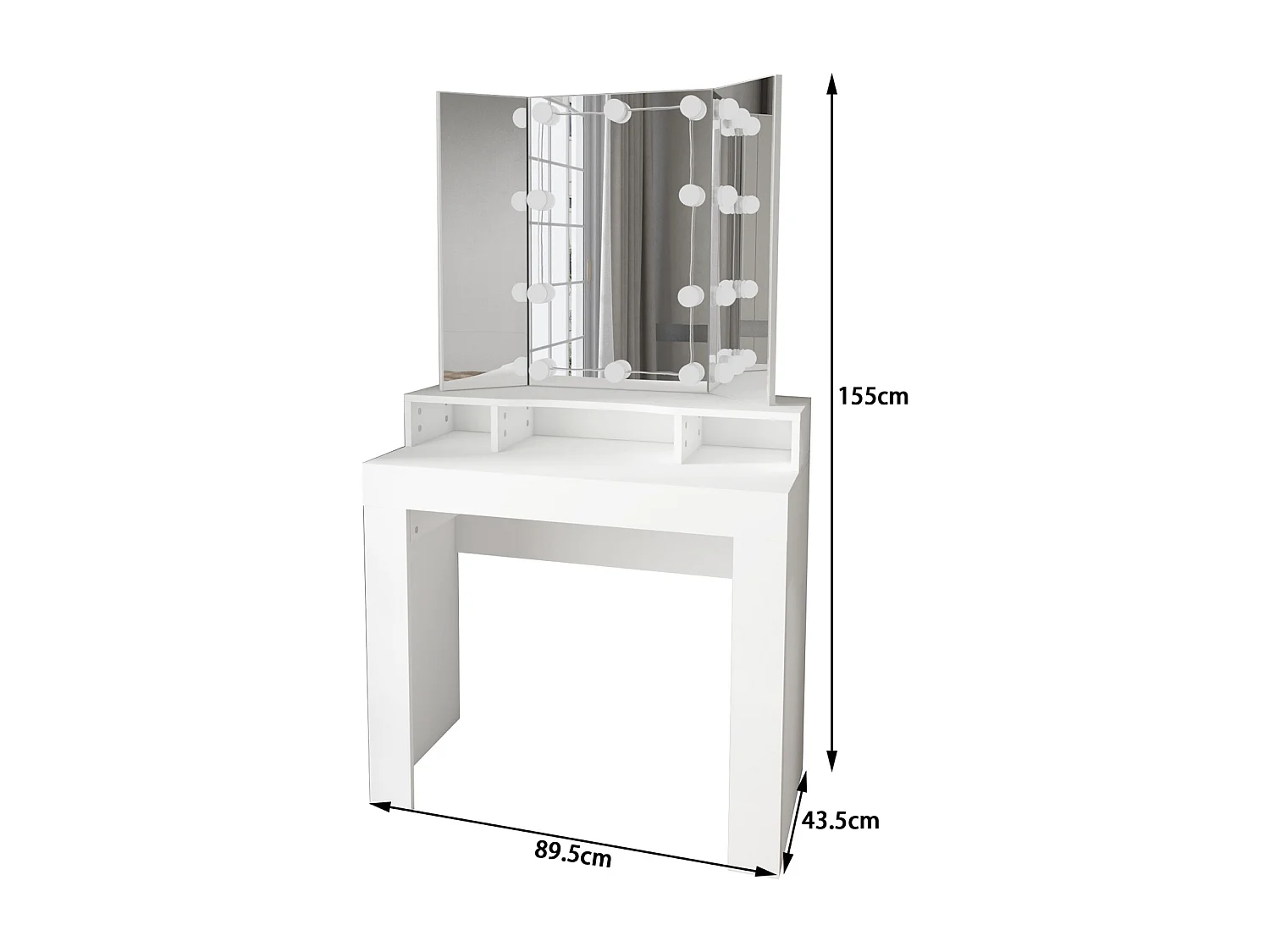 Tocador 3 espejos mesa moderna maquillaje LED comoda madera cajón MDF blanco